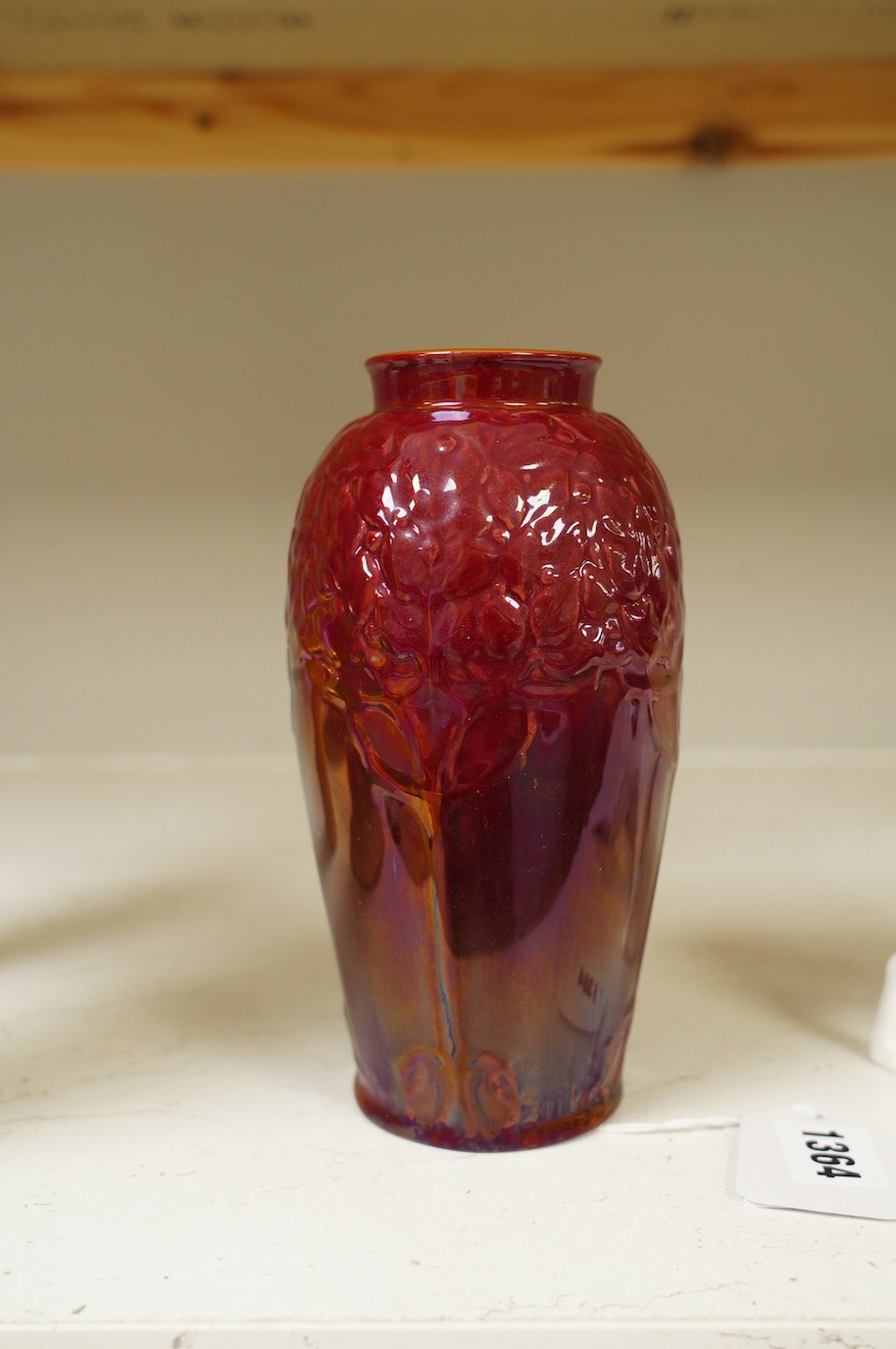 A Pilkingtons flambé lustre ‘fruit tree’ moulded vase, impressed, 18.5cm high. Condition - good